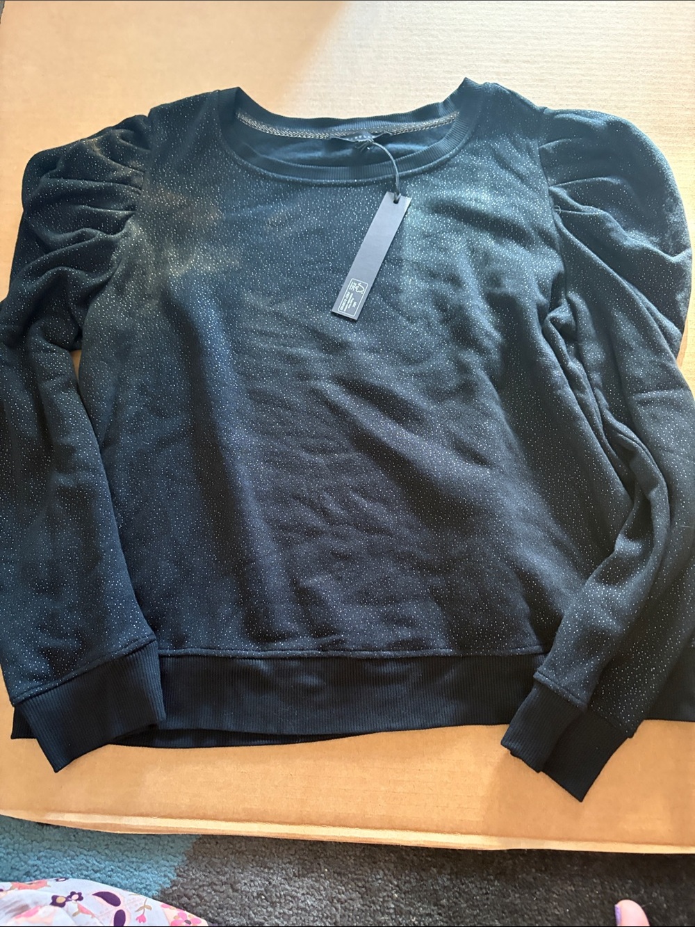 Jane and Delancey Black Puff-Sleeve Sparkle Crewneck Sweater
